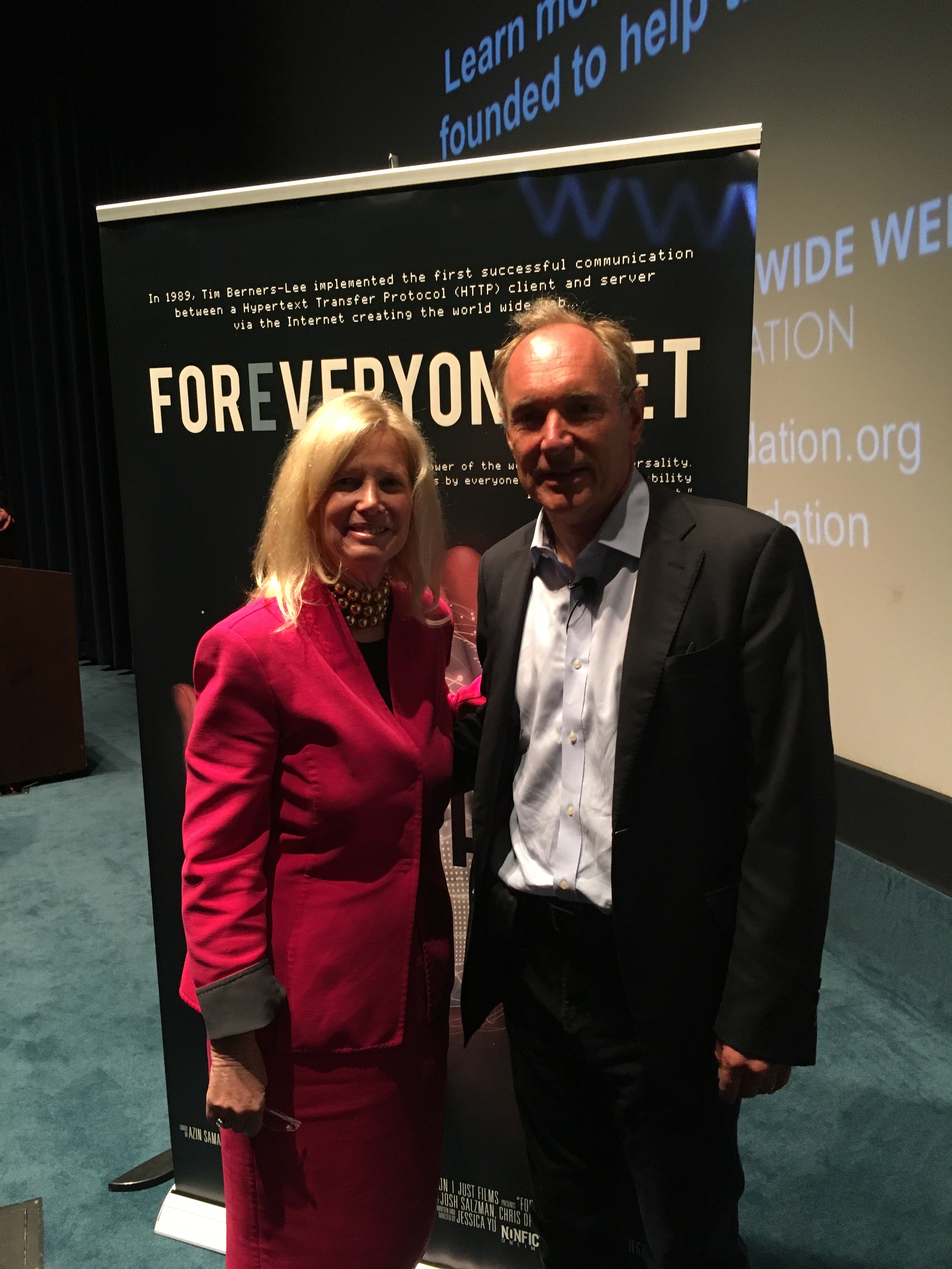 Dr. Susan Blumenthal with Sir Tim Berners-Lee, inventor of the World Wide Web, at the screening of a documentary celebrating his work.